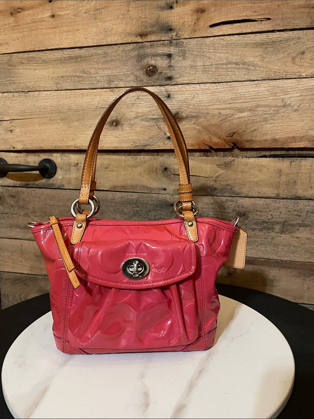 Coach Pink Patent Signature Tote with Tan Leather Handles